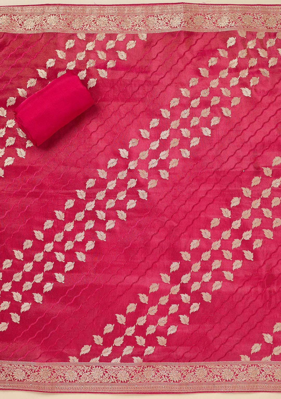 Pink Dola Silk Silver Stonework Unstitched Dress Material With Matching Bottom And Dupatta