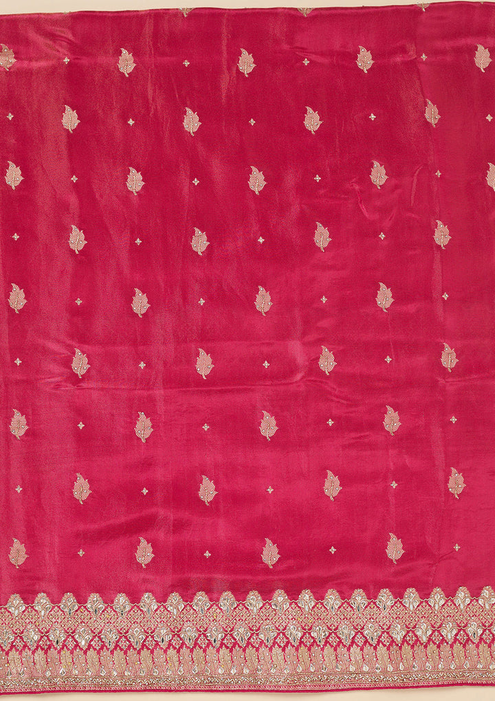 Pink Dola Silk Silver Stonework Unstitched Dress Material With Matching Bottom And Dupatta