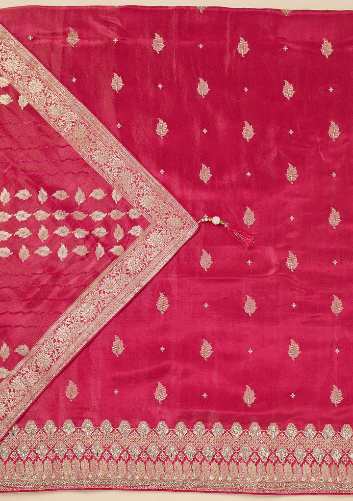 Pink Dola Silk Silver Stonework Unstitched Dress Material With Matching Bottom And Dupatta