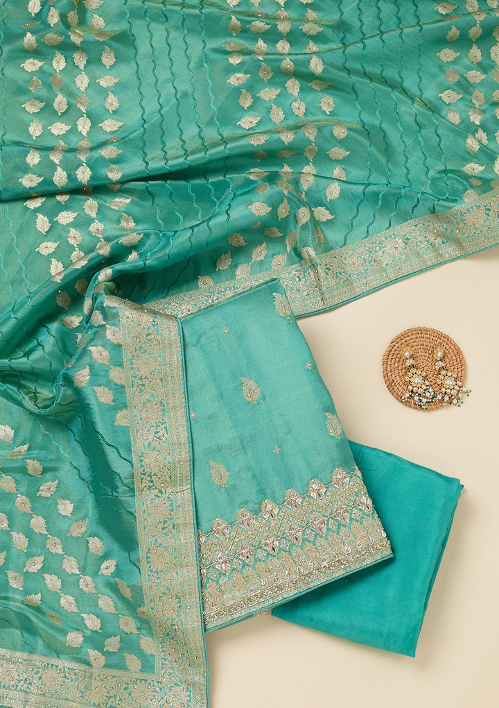 Sea Green Dola Silk Silver Stonework Unstitched Dress Material With Matching Bottom And Dupatta