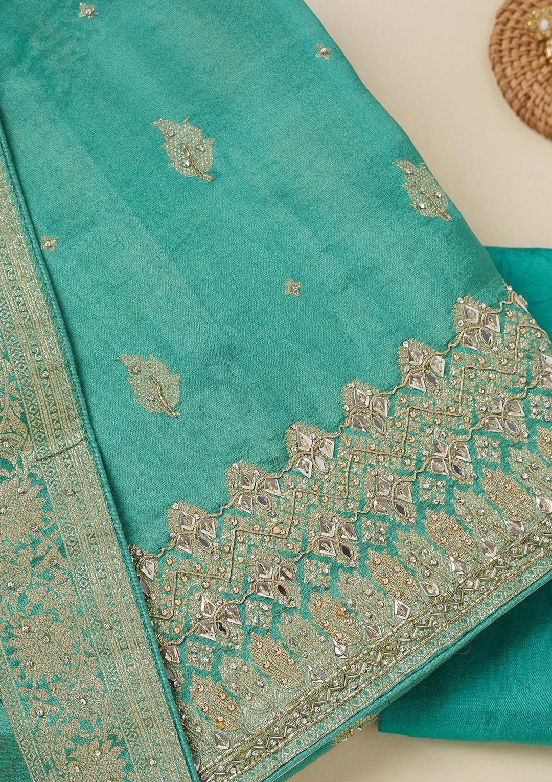 Sea Green Dola Silk Silver Stonework Unstitched Dress Material With Matching Bottom And Dupatta