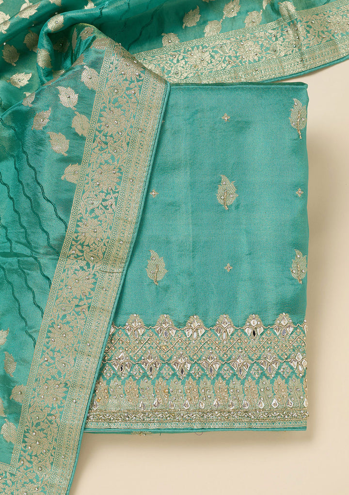 Sea Green Dola Silk Silver Stonework Unstitched Dress Material With Matching Bottom And Dupatta