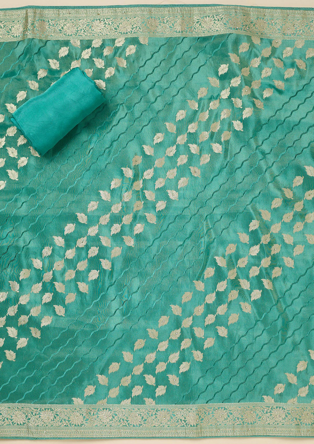 Sea Green Dola Silk Silver Stonework Unstitched Dress Material With Matching Bottom And Dupatta