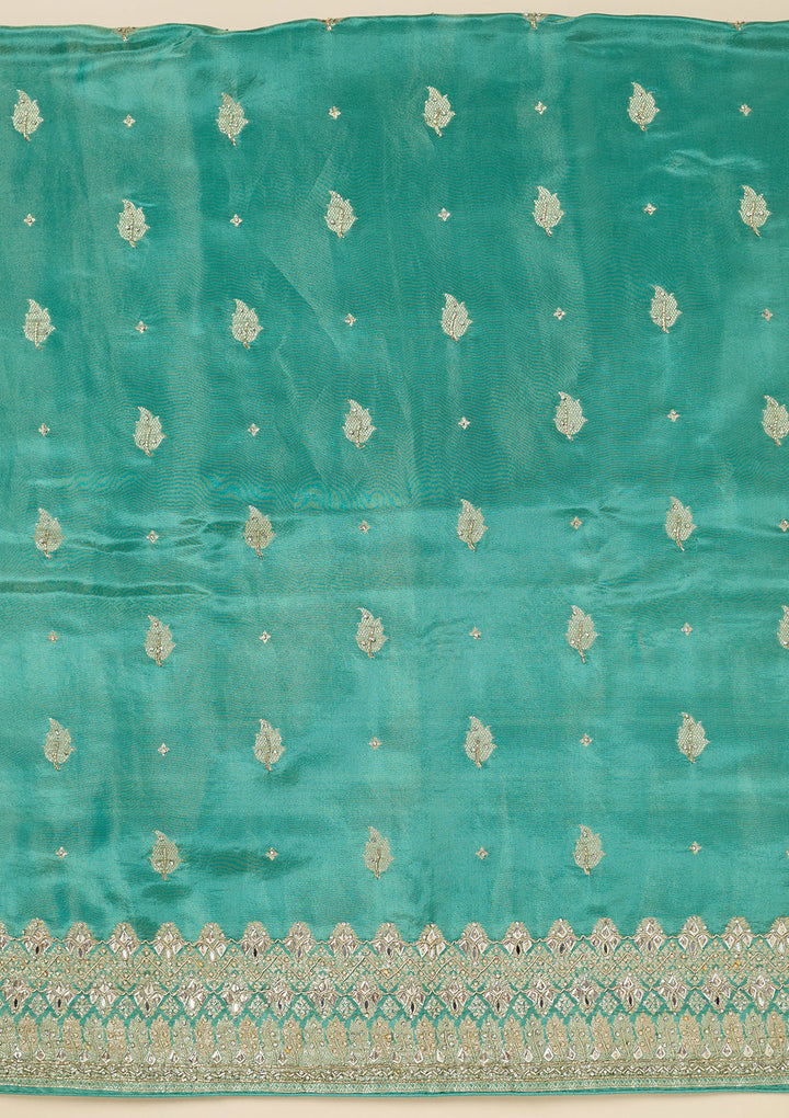Sea Green Dola Silk Silver Stonework Unstitched Dress Material With Matching Bottom And Dupatta