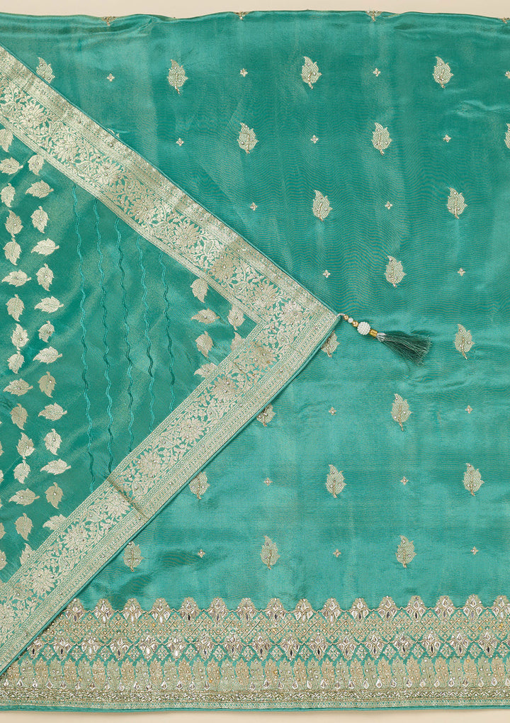 Sea Green Dola Silk Silver Stonework Unstitched Dress Material With Matching Bottom And Dupatta