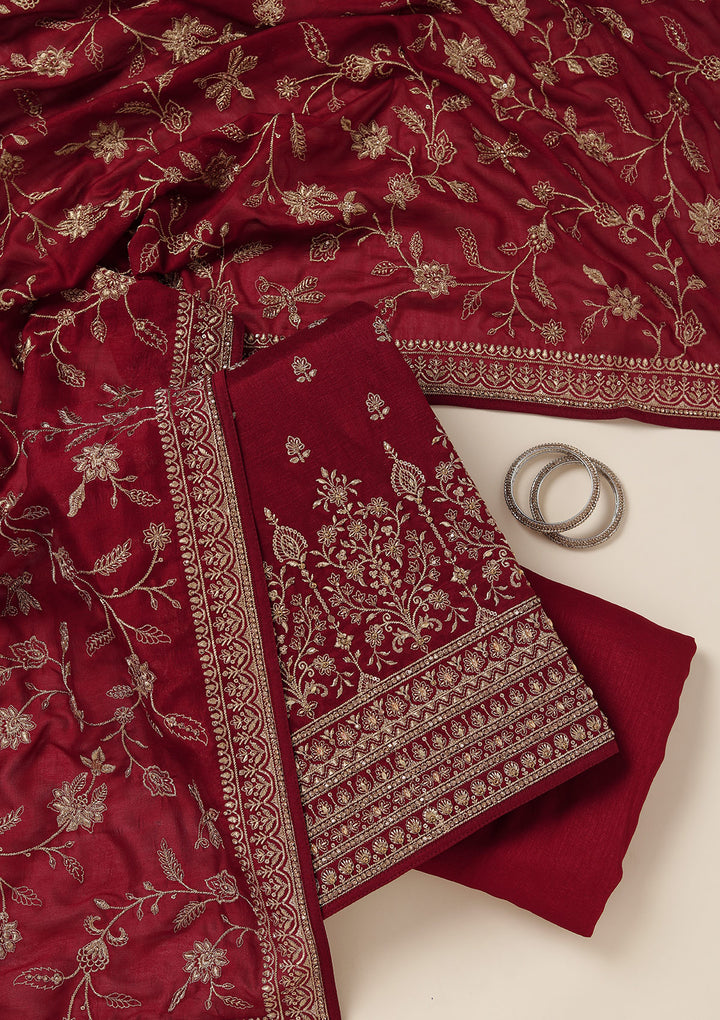 Maroon Soft Raw Silk Cording Unstitched Dress Material With Matching Bottom And Dupatta