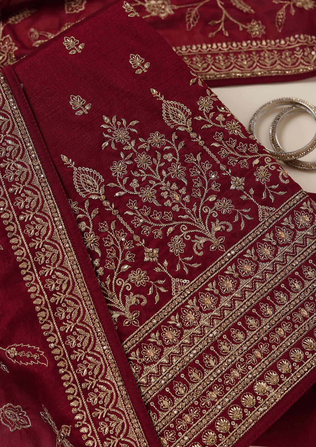 Maroon Soft Raw Silk Cording Unstitched Dress Material With Matching Bottom And Dupatta