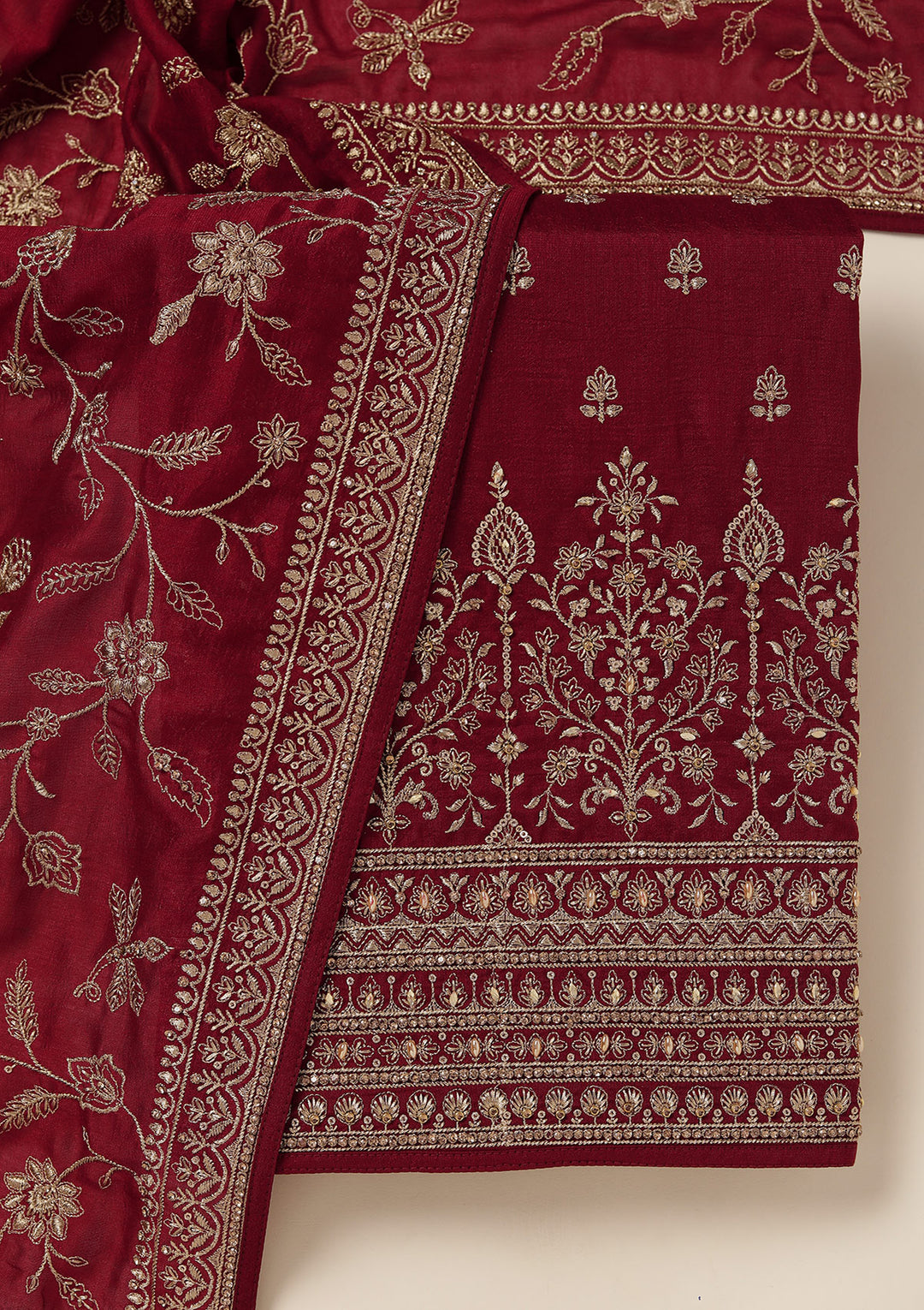 Maroon Soft Raw Silk Cording Unstitched Dress Material With Matching Bottom And Dupatta