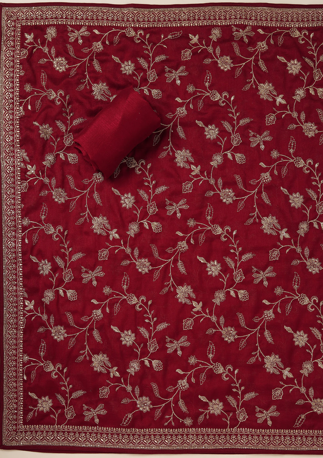 Maroon Soft Raw Silk Cording Unstitched Dress Material With Matching Bottom And Dupatta