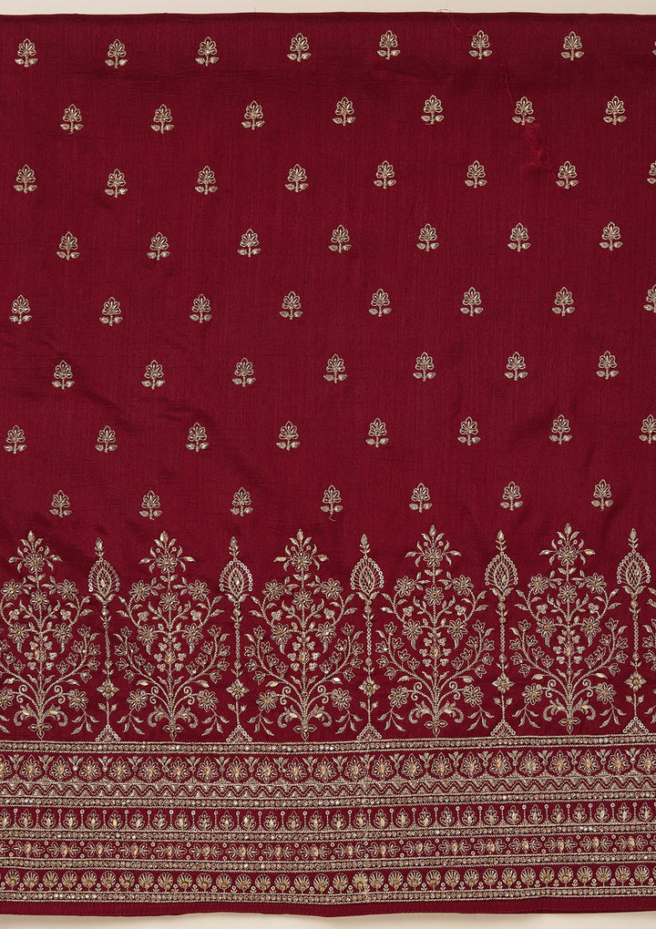 Maroon Soft Raw Silk Cording Unstitched Dress Material With Matching Bottom And Dupatta