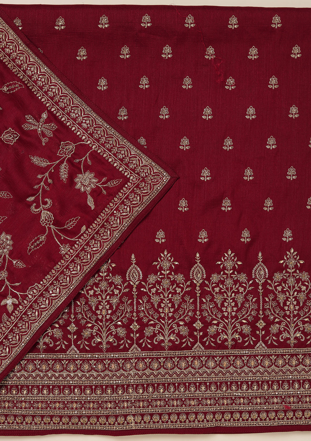 Maroon Soft Raw Silk Cording Unstitched Dress Material With Matching Bottom And Dupatta