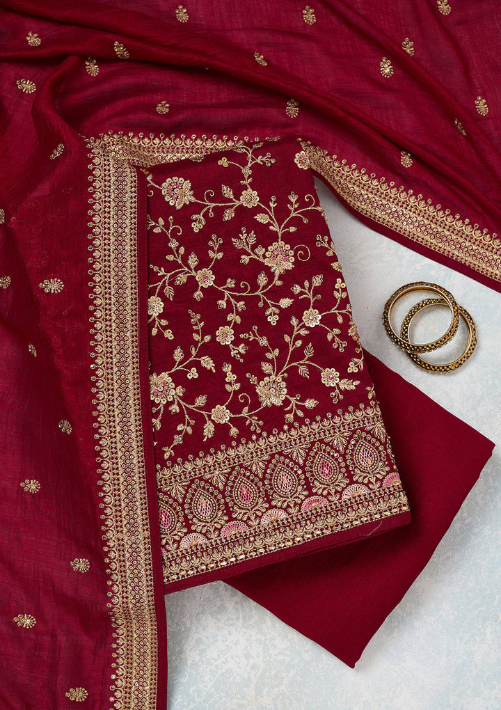 Maroon Soft Raw Silk Cording Unstitched Dress Material With Matching Bottom And Dupatta