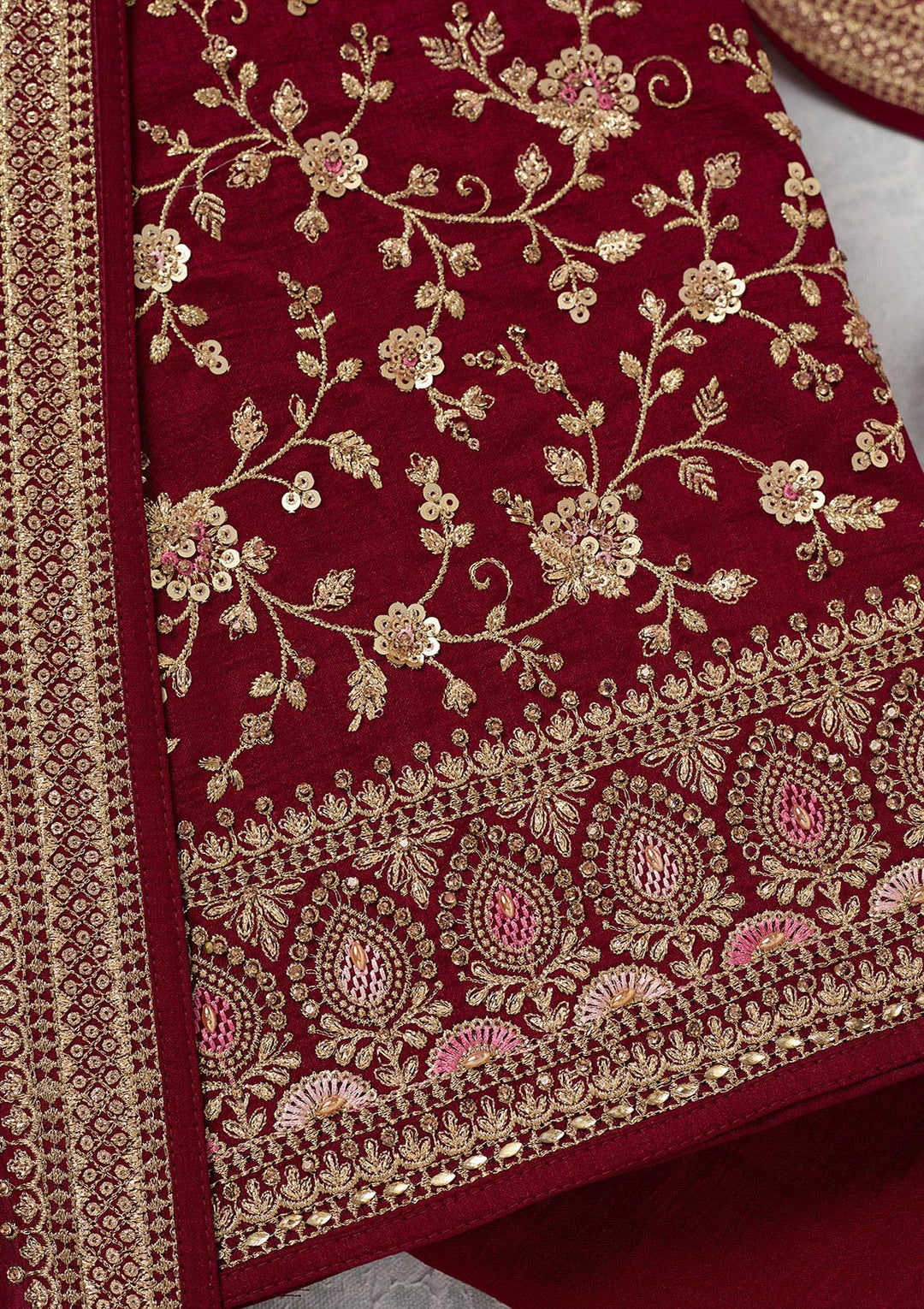 Maroon Soft Raw Silk Cording Unstitched Dress Material With Matching Bottom And Dupatta