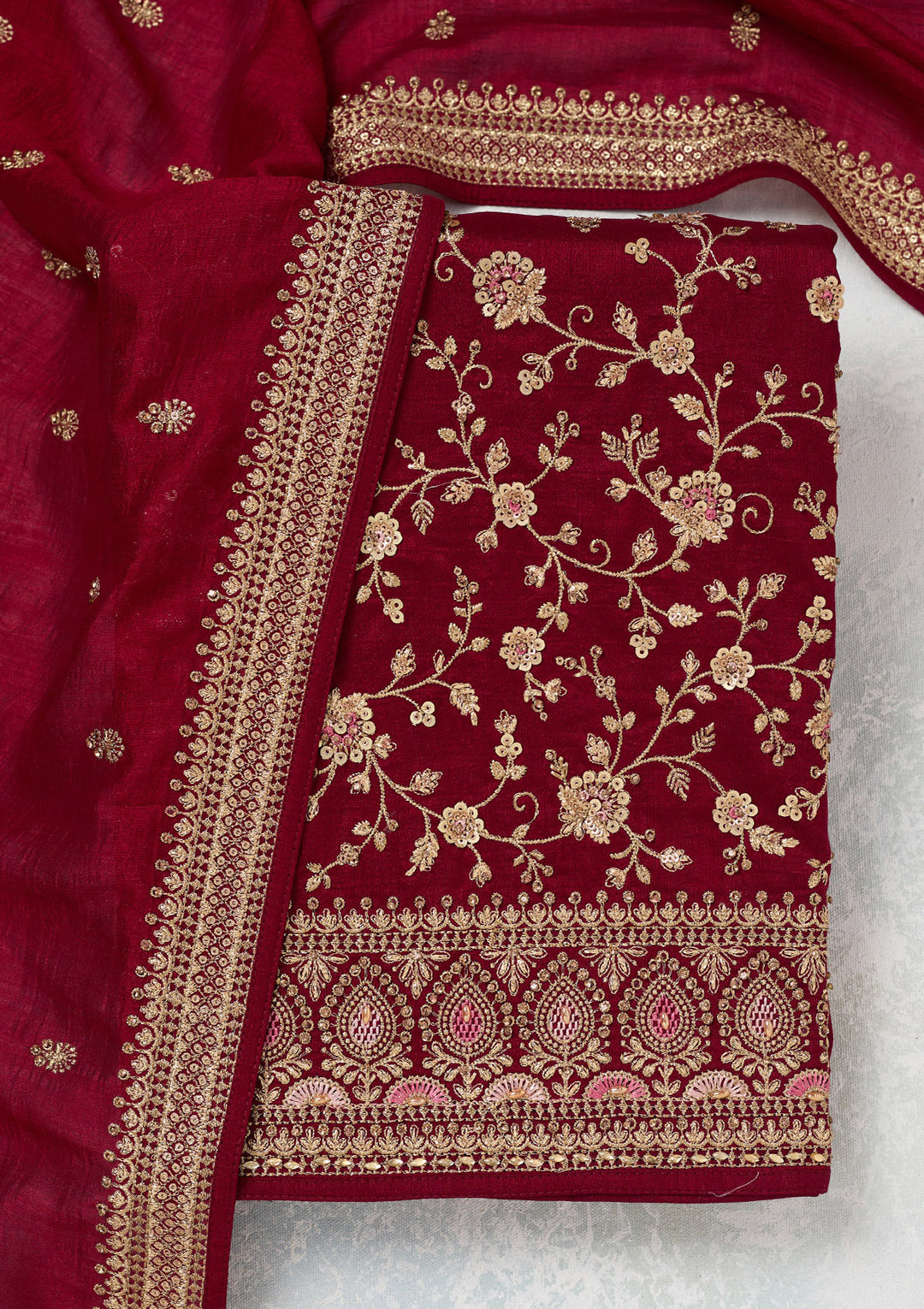 Maroon Soft Raw Silk Cording Unstitched Dress Material With Matching Bottom And Dupatta