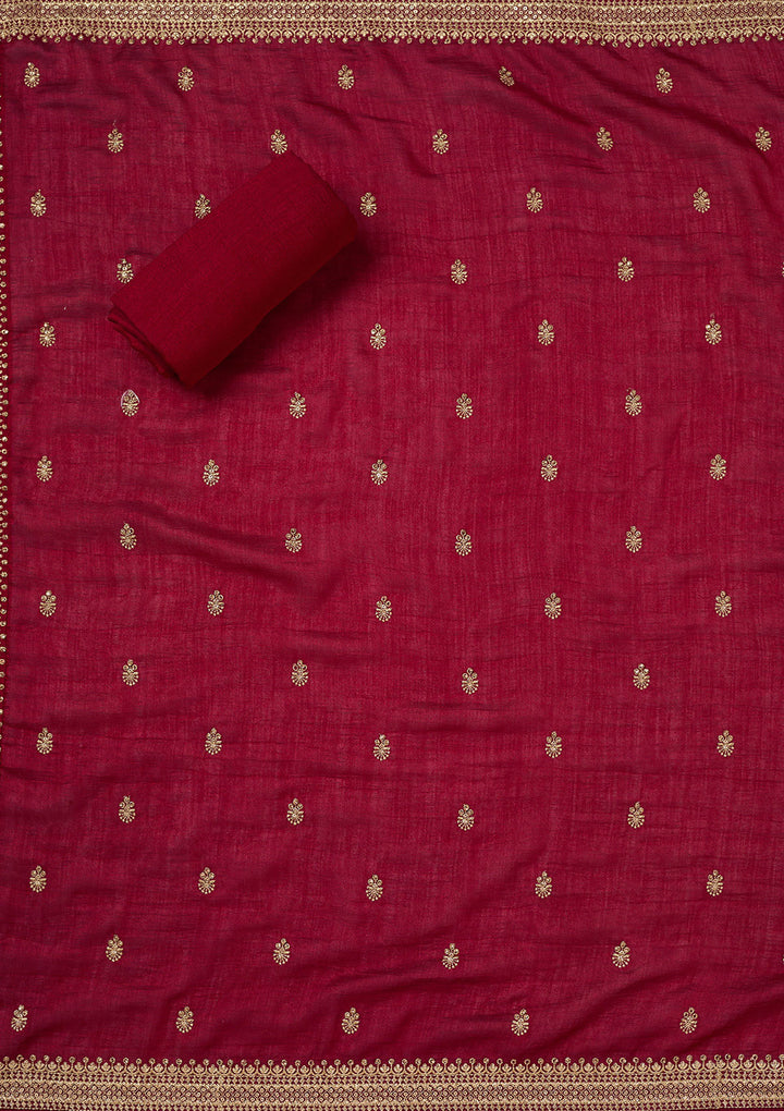 Maroon Soft Raw Silk Cording Unstitched Dress Material With Matching Bottom And Dupatta