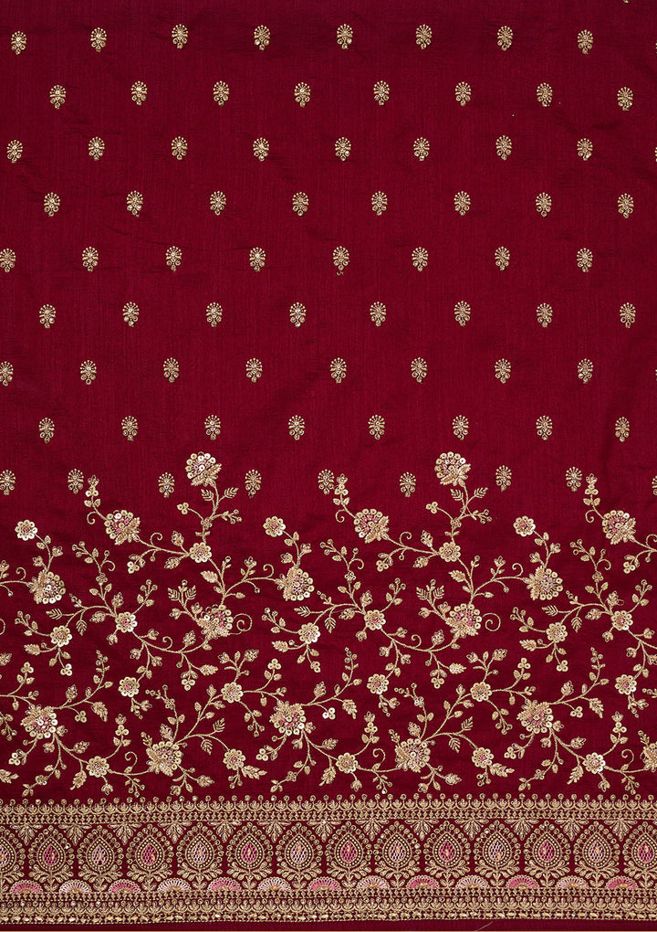 Maroon Soft Raw Silk Cording Unstitched Dress Material With Matching Bottom And Dupatta