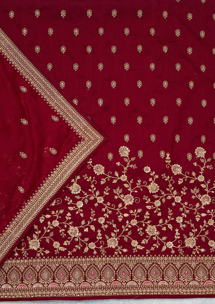 Maroon Soft Raw Silk Cording Unstitched Dress Material With Matching Bottom And Dupatta