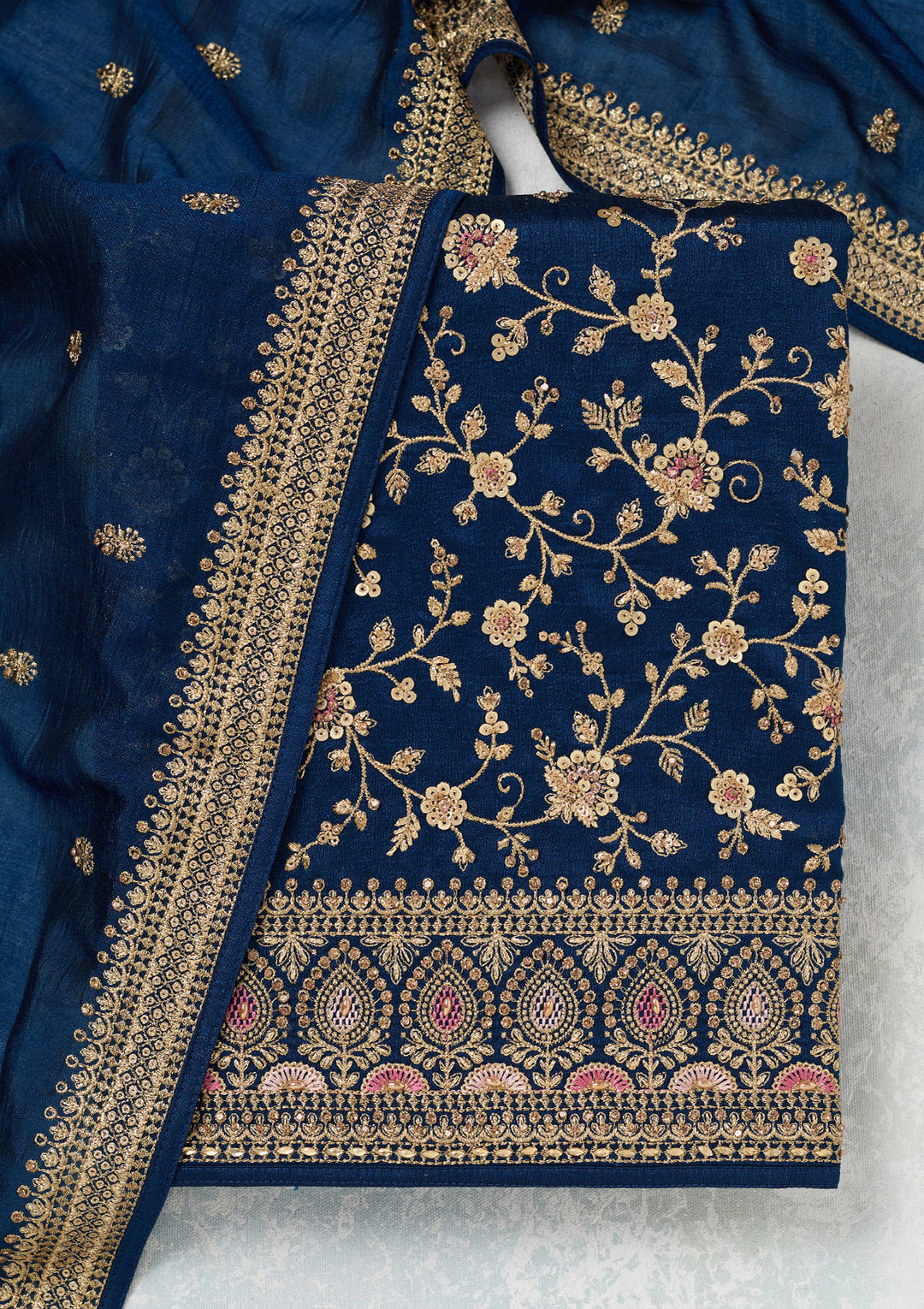 Peacock Blue Zariwork (Gold) Soft Raw Silk Unstitched Salwar Suit