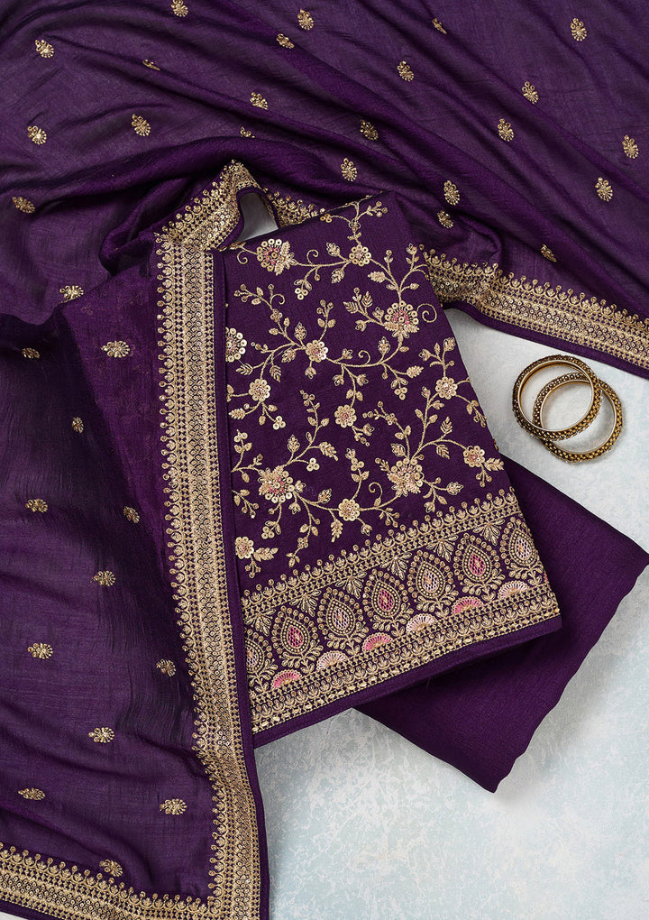 Purple Soft Raw Silk Cording Unstitched Dress Material With Matching Bottom And Dupatta