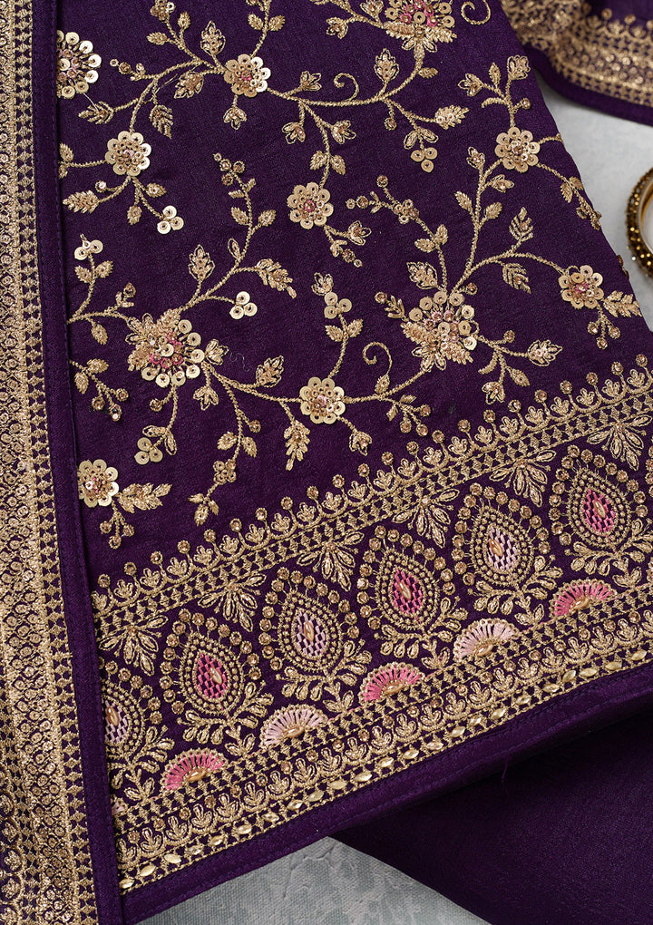 Purple Soft Raw Silk Cording Unstitched Dress Material With Matching Bottom And Dupatta