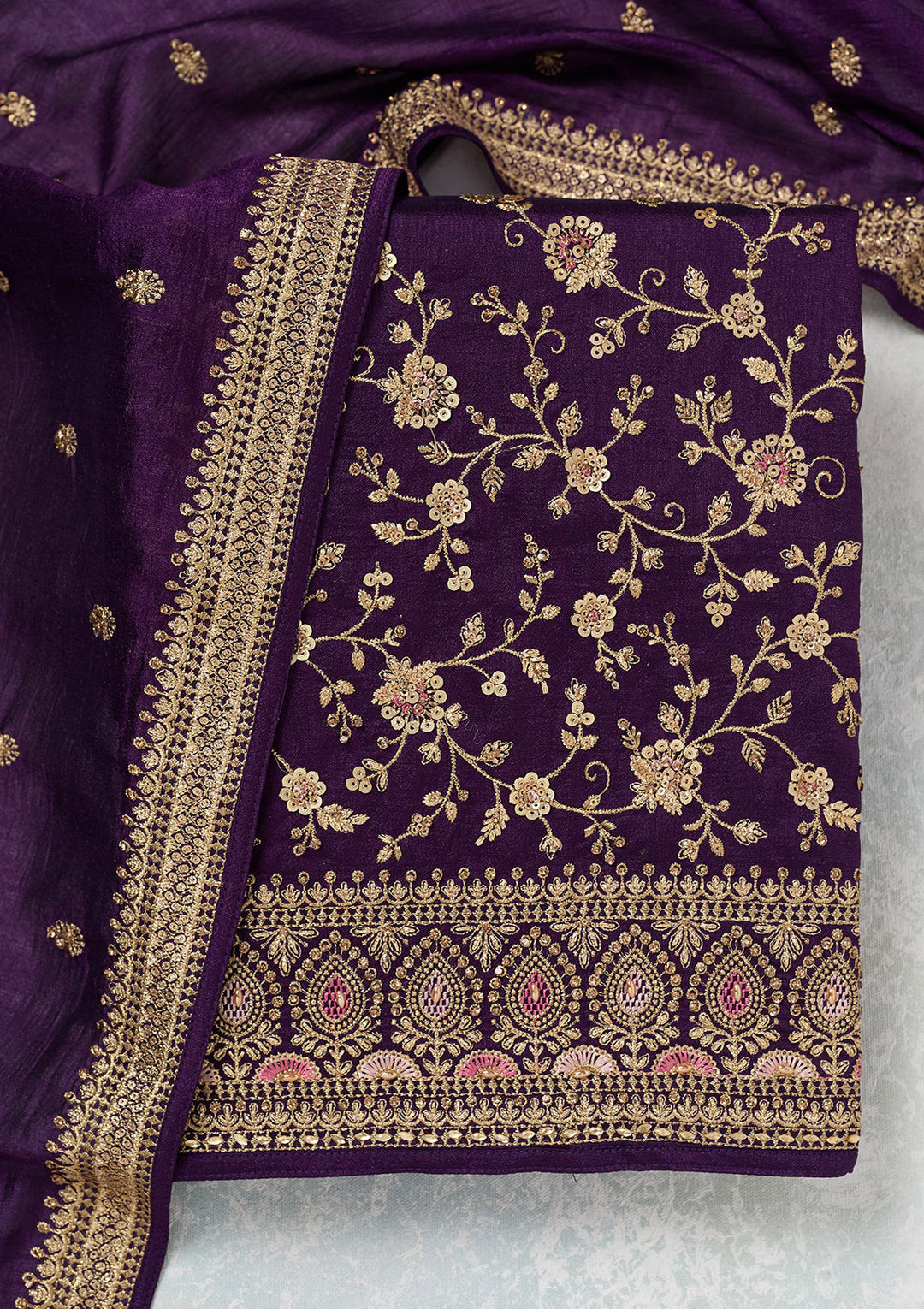 Purple Soft Raw Silk Cording Unstitched Dress Material With Matching Bottom And Dupatta