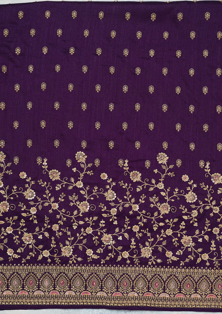 Purple Soft Raw Silk Cording Unstitched Dress Material With Matching Bottom And Dupatta