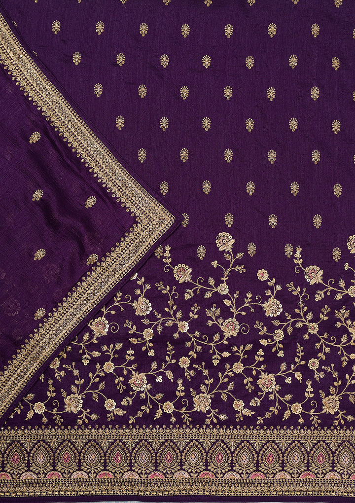 Purple Soft Raw Silk Cording Unstitched Dress Material With Matching Bottom And Dupatta
