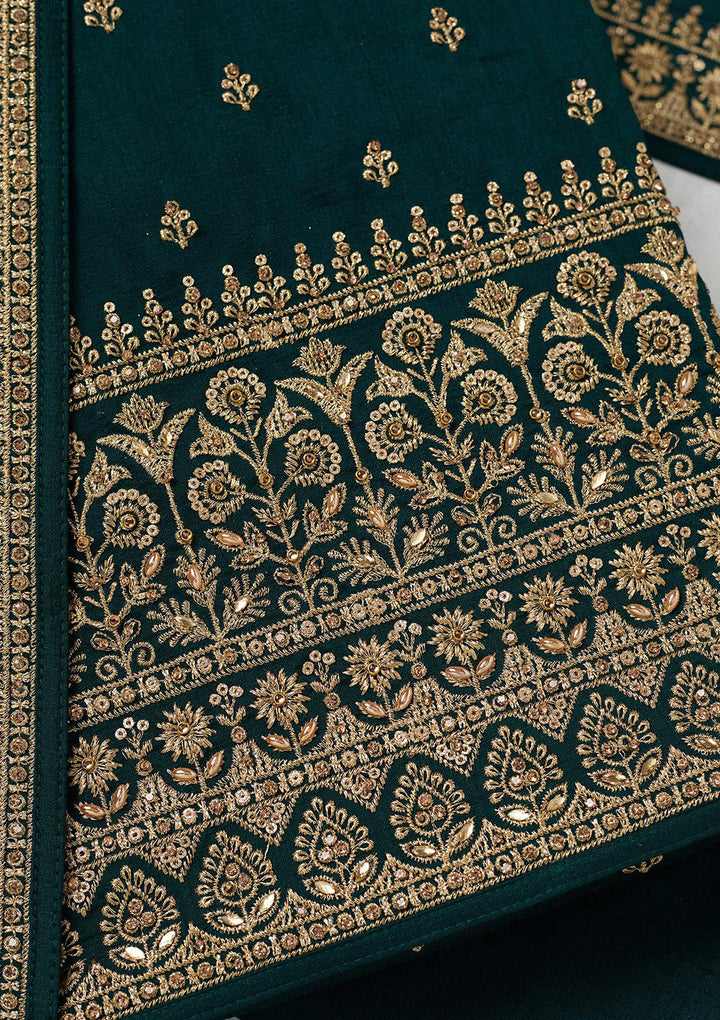 Bottle Green Zariwork (Gold) Soft Raw Silk Unstitched Salwar Suit