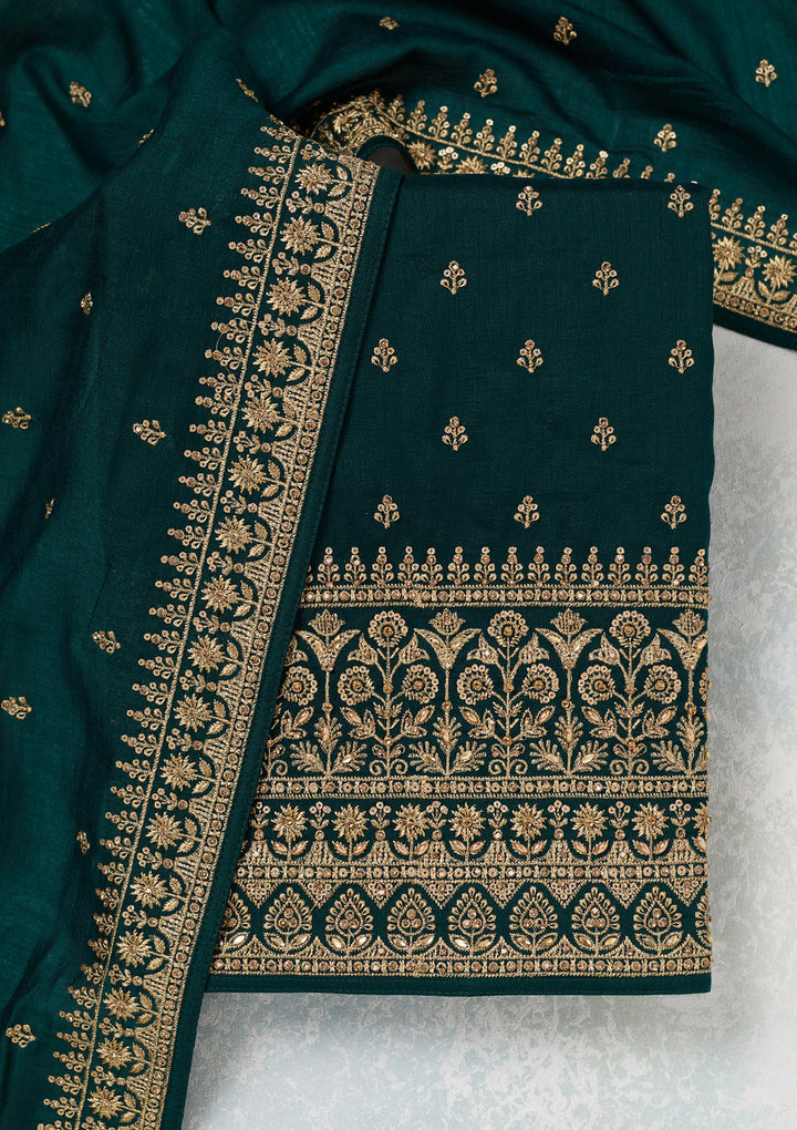 Bottle Green Zariwork (Gold) Soft Raw Silk Unstitched Salwar Suit