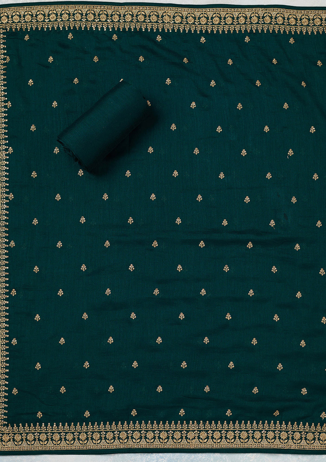 Bottle Green Zariwork (Gold) Soft Raw Silk Unstitched Salwar Suit