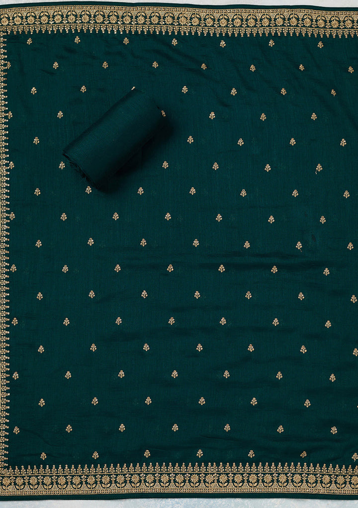 Bottle Green Zariwork (Gold) Soft Raw Silk Unstitched Salwar Suit