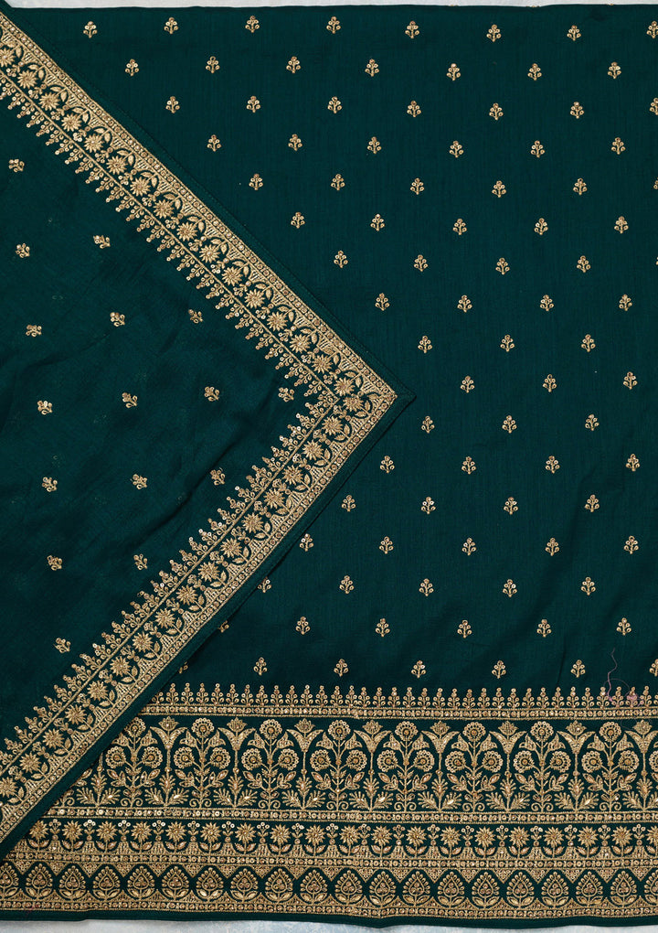Bottle Green Zariwork (Gold) Soft Raw Silk Unstitched Salwar Suit