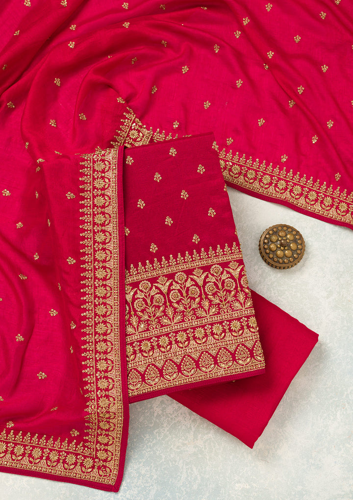 Rani Pink Soft Raw Silk Cording Unstitched Dress Material With Matching Bottom And Dupatta