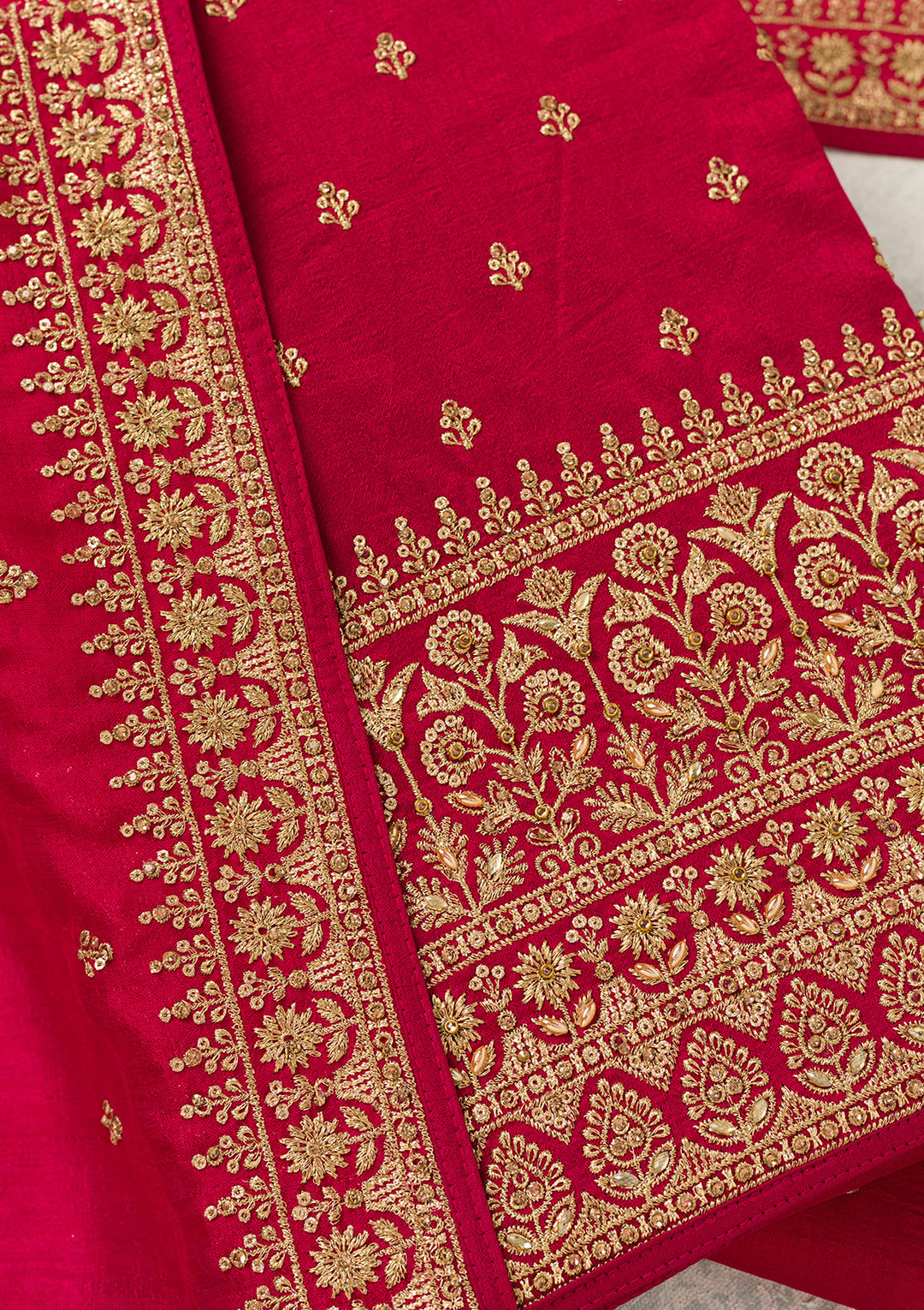 Rani Pink Soft Raw Silk Cording Unstitched Dress Material With Matching Bottom And Dupatta