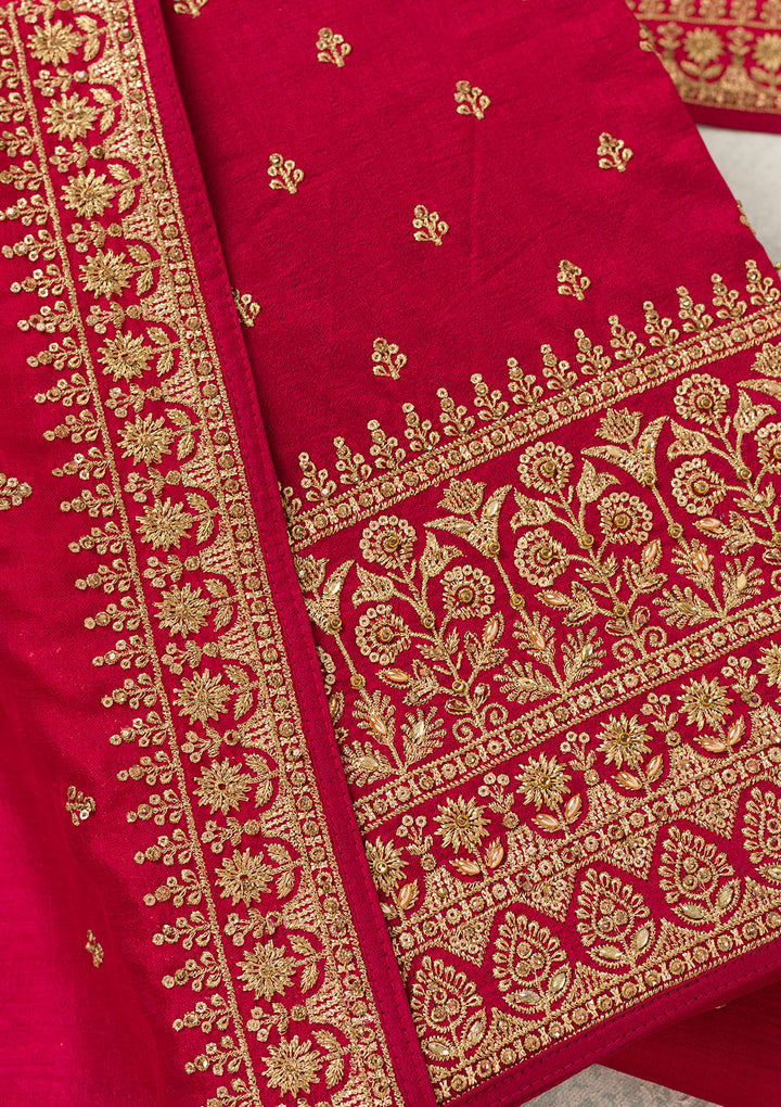 Rani Pink Soft Raw Silk Cording Unstitched Dress Material With Matching Bottom And Dupatta