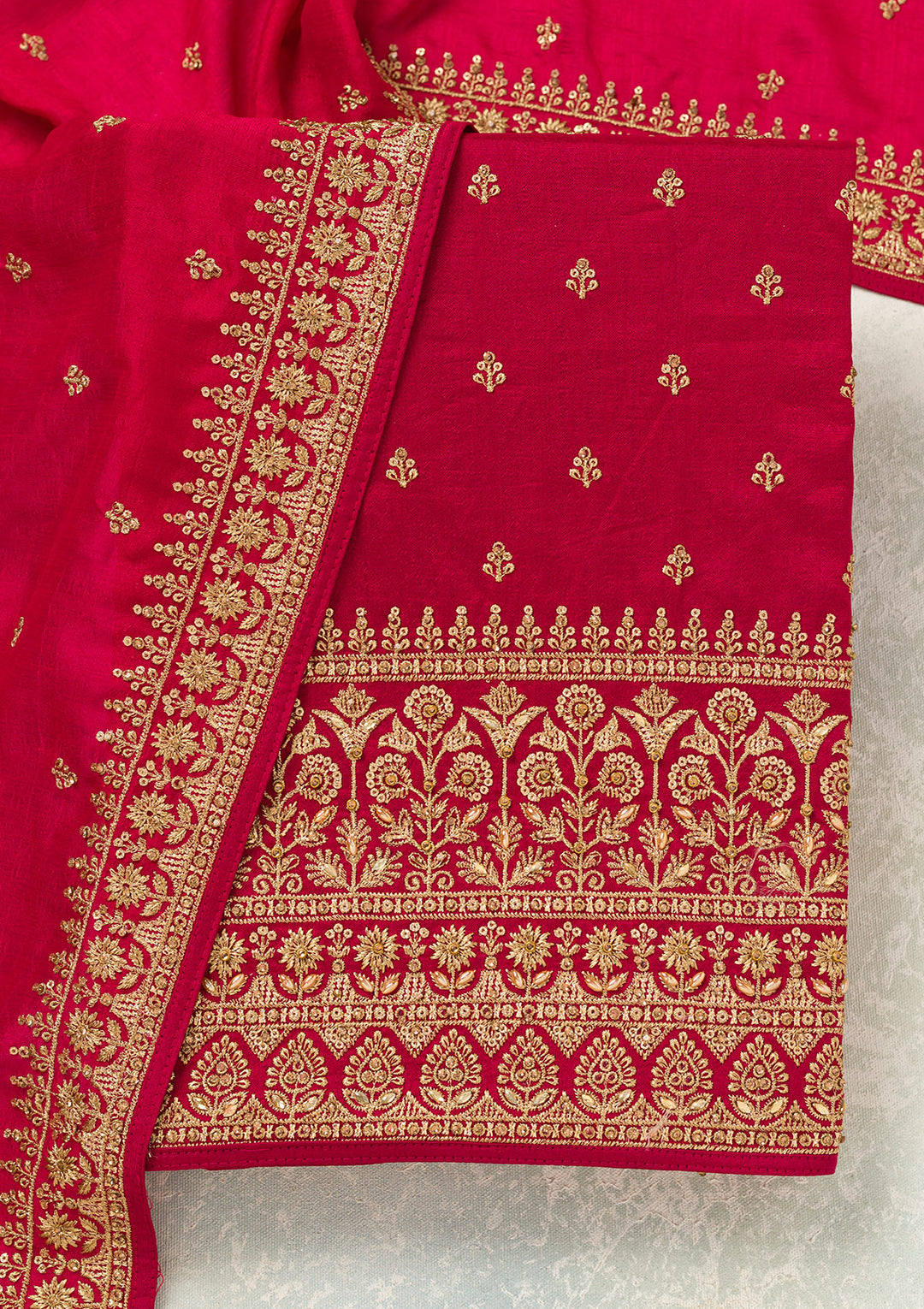 Rani Pink Soft Raw Silk Cording Unstitched Dress Material With Matching Bottom And Dupatta