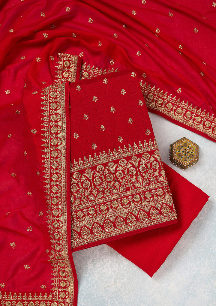 Red Soft Raw Silk Cording Unstitched Dress Material With Matching Bottom And Dupatta