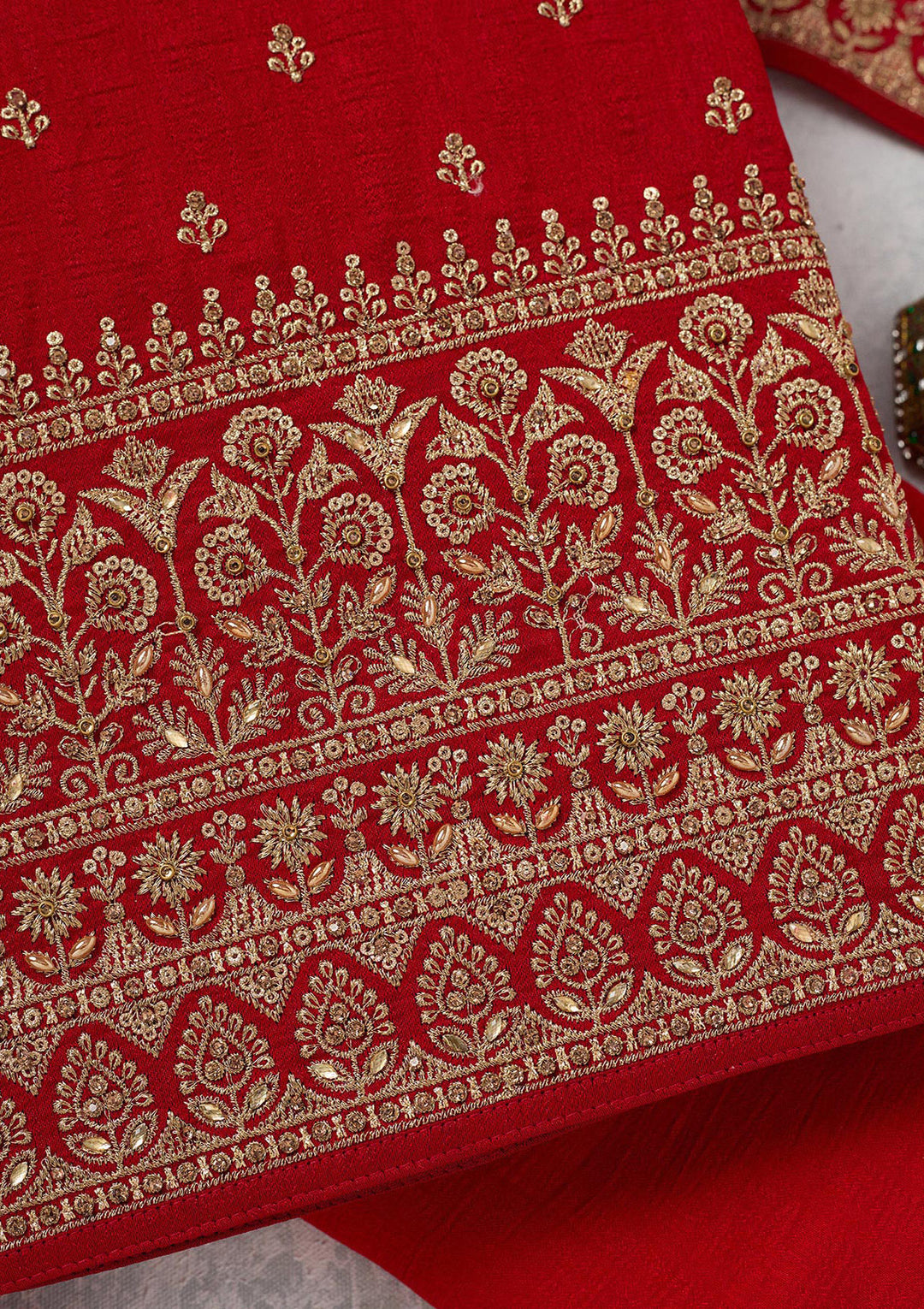 Red Soft Raw Silk Cording Unstitched Dress Material With Matching Bottom And Dupatta