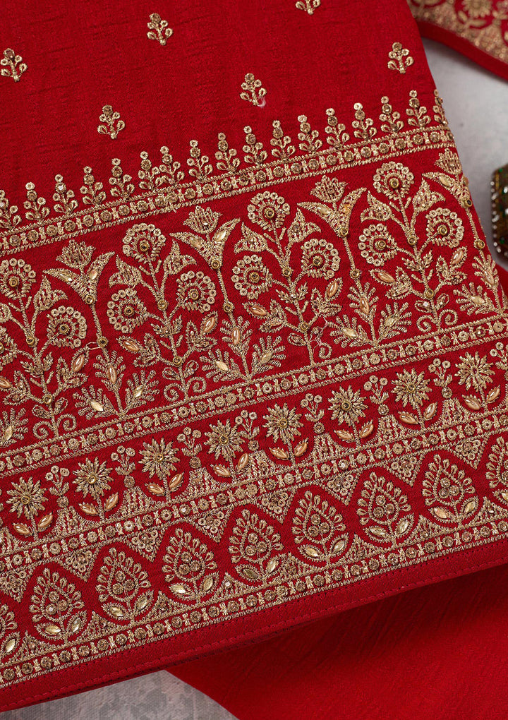 Red Soft Raw Silk Cording Unstitched Dress Material With Matching Bottom And Dupatta