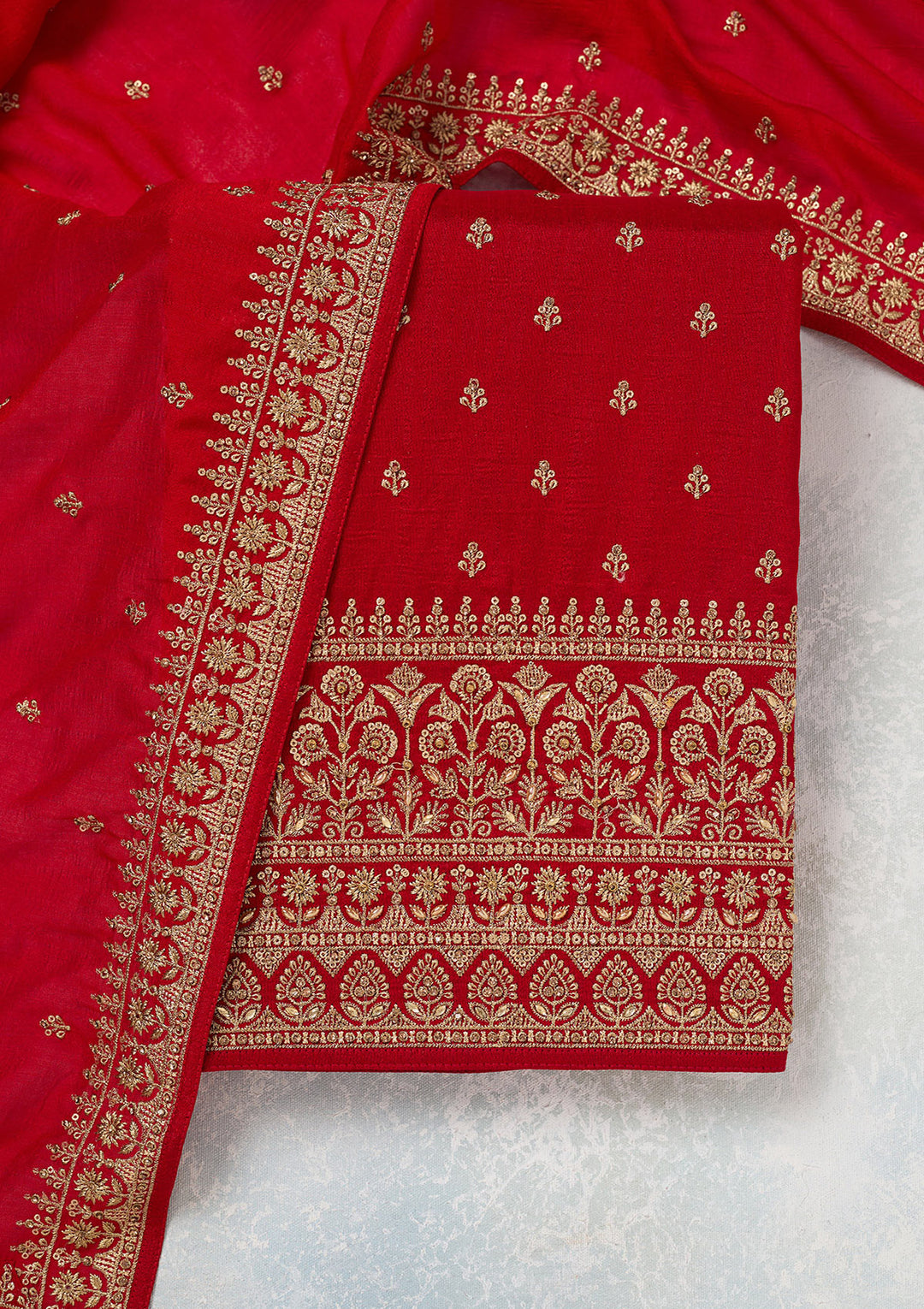 Red Soft Raw Silk Cording Unstitched Dress Material With Matching Bottom And Dupatta