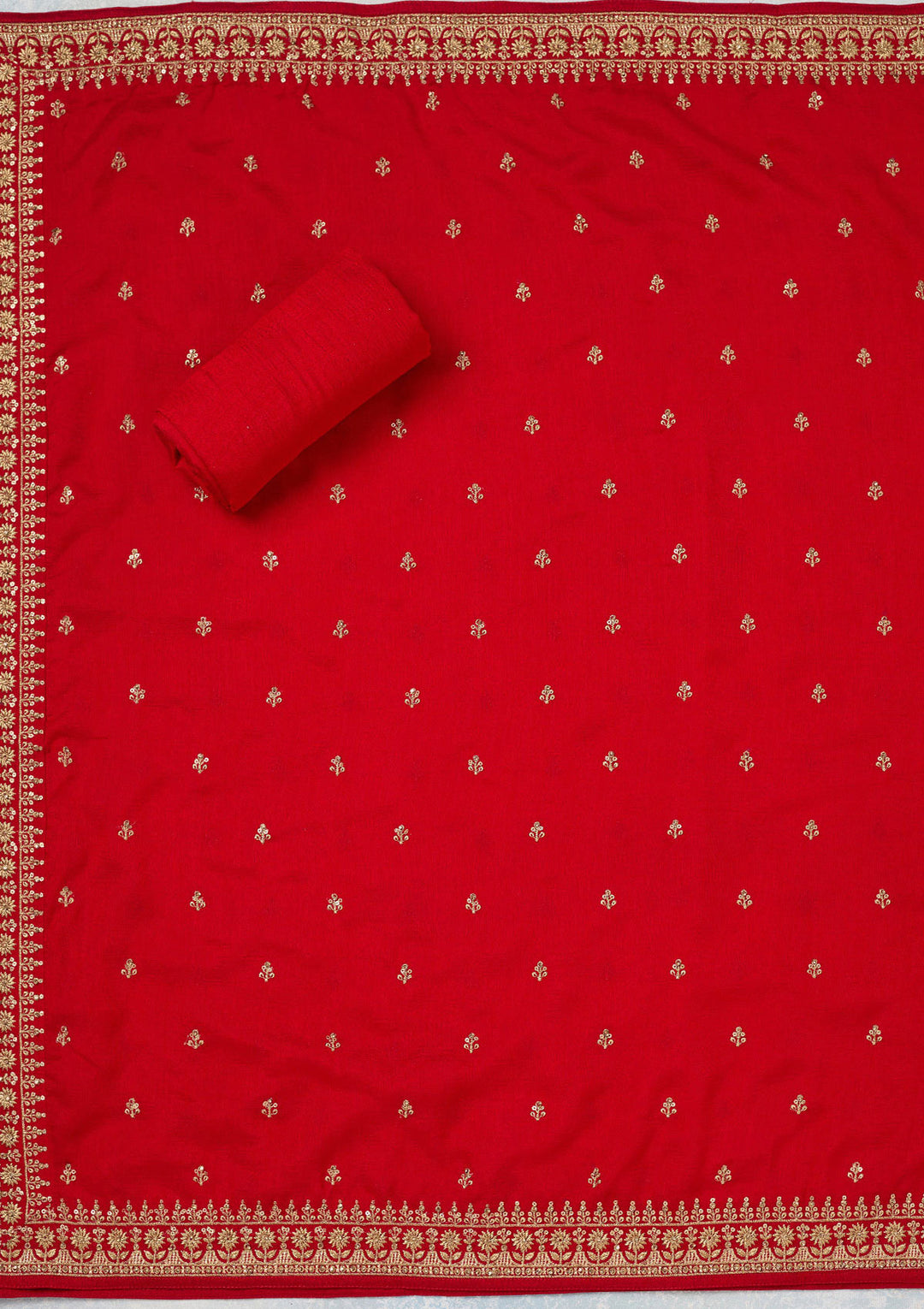 Red Soft Raw Silk Cording Unstitched Dress Material With Matching Bottom And Dupatta