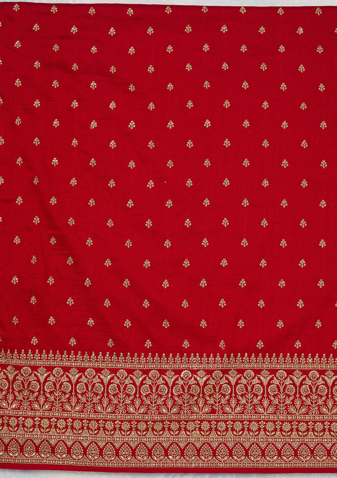 Red Soft Raw Silk Cording Unstitched Dress Material With Matching Bottom And Dupatta