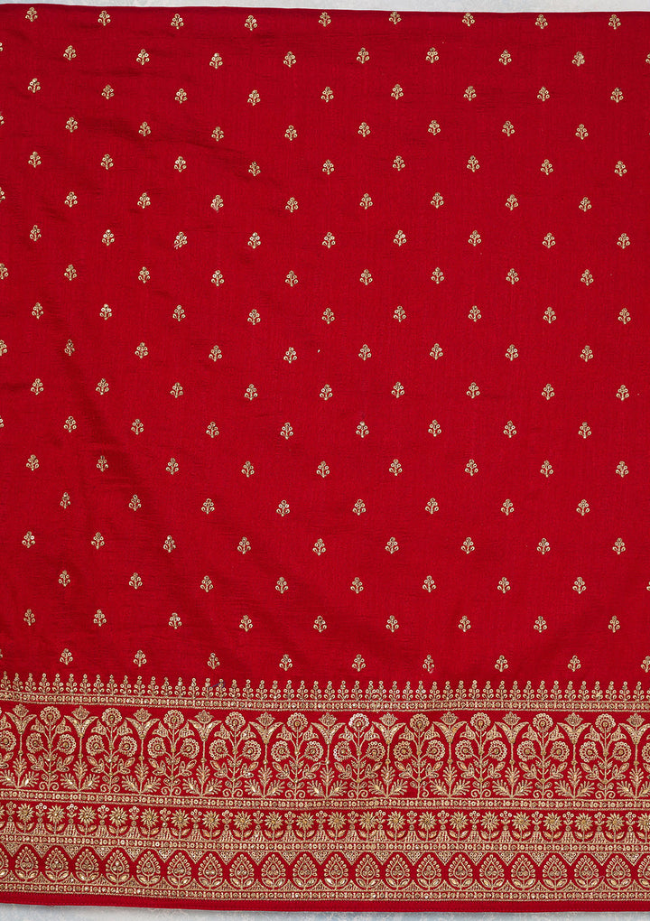 Red Soft Raw Silk Cording Unstitched Dress Material With Matching Bottom And Dupatta