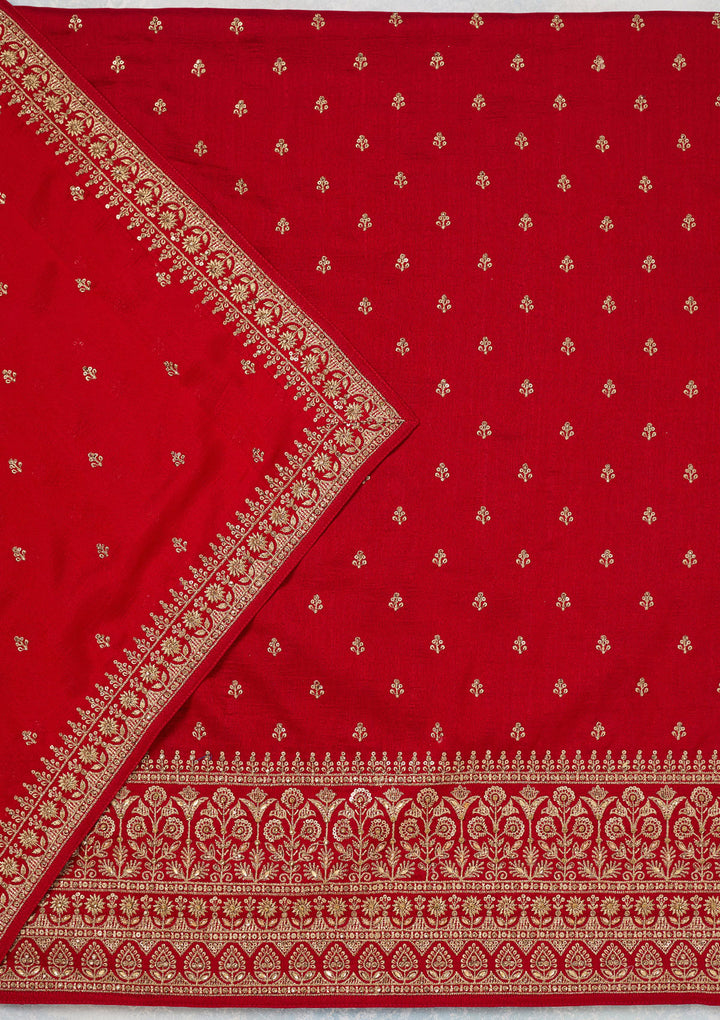 Red Soft Raw Silk Cording Unstitched Dress Material With Matching Bottom And Dupatta