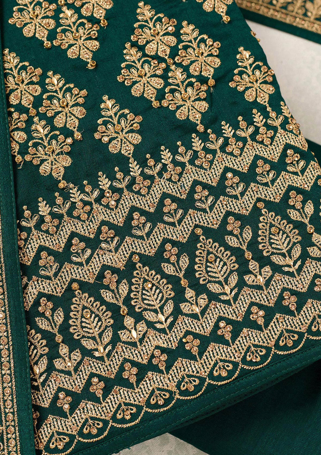 Bottle Green Zariwork (Gold) Soft Raw Silk Unstitched Salwar Suit