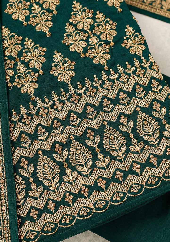 Bottle Green Zariwork (Gold) Soft Raw Silk Unstitched Salwar Suit