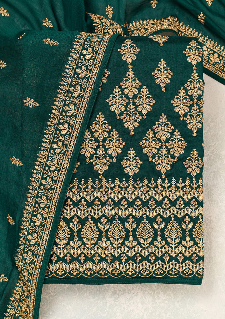 Bottle Green Zariwork (Gold) Soft Raw Silk Unstitched Salwar Suit