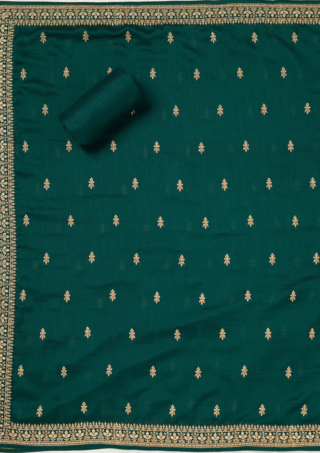 Bottle Green Zariwork (Gold) Soft Raw Silk Unstitched Salwar Suit