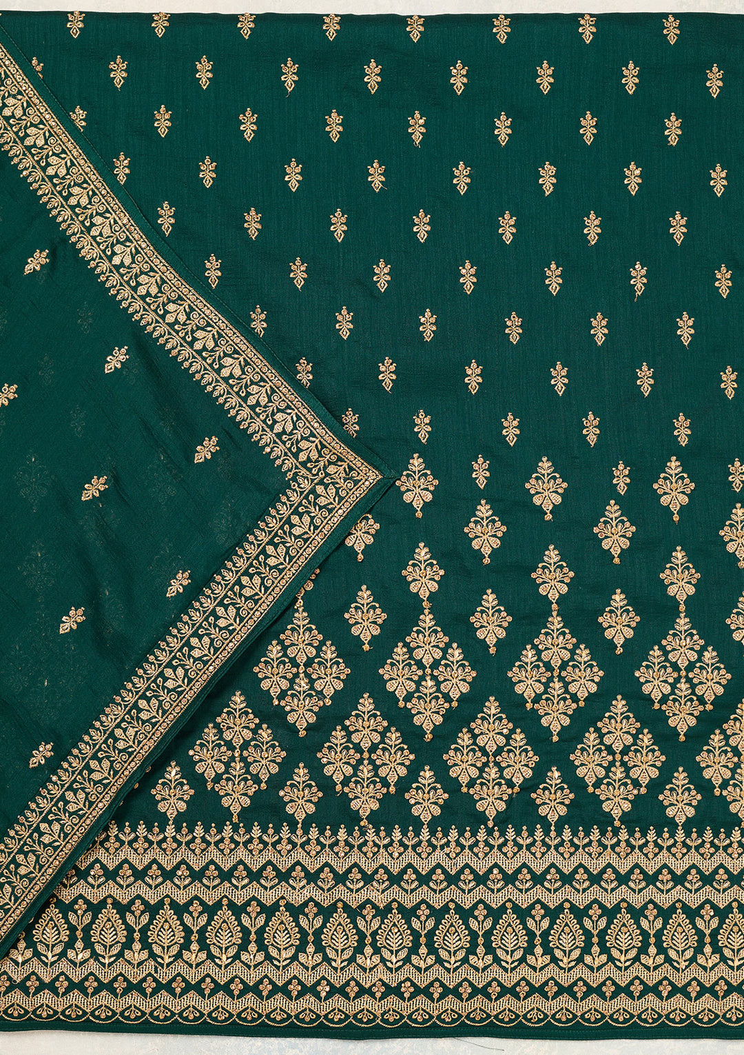 Bottle Green Zariwork (Gold) Soft Raw Silk Unstitched Salwar Suit