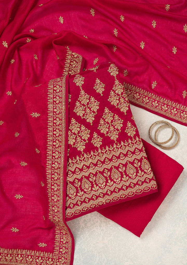 Rani Pink Soft Raw Silk Cording Unstitched Dress Material With Matching Bottom And Dupatta